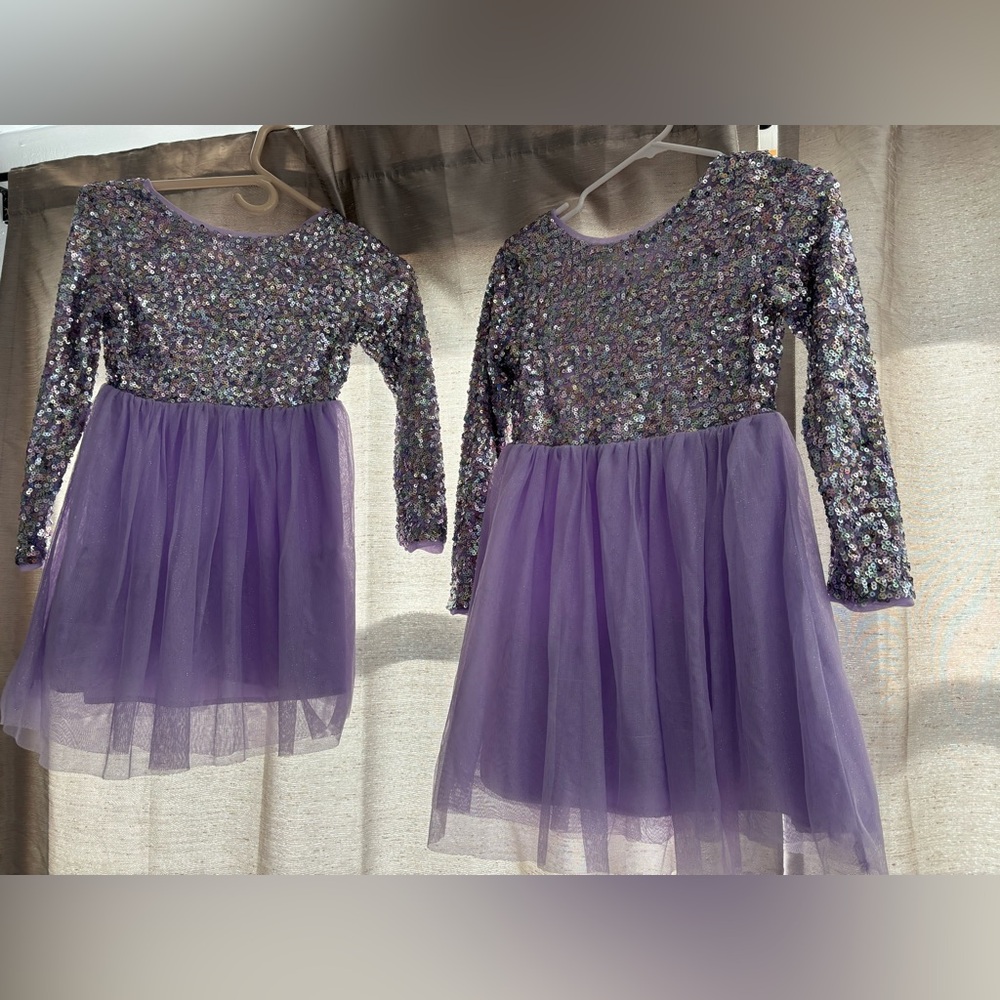 Cat and Jack dresses. 2 included Sz M 8 and L 10/12. Purple/sequins.